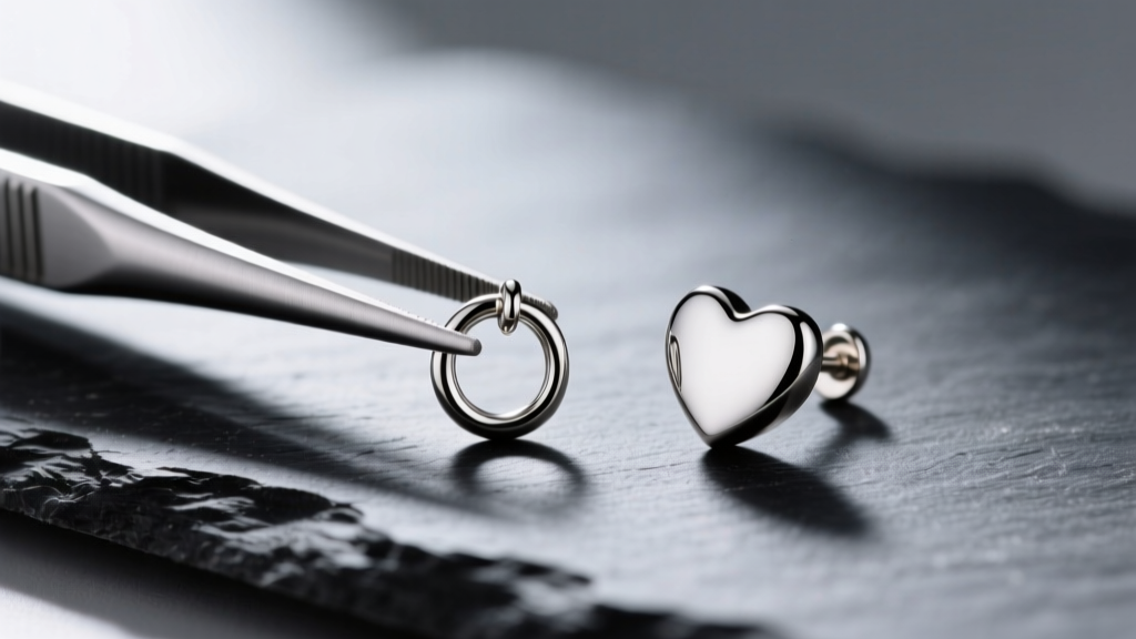 Tweezers holding a 3mm soldered jump ring next to a titanium heart earring post on dark slate, lit by soft directional lighting.