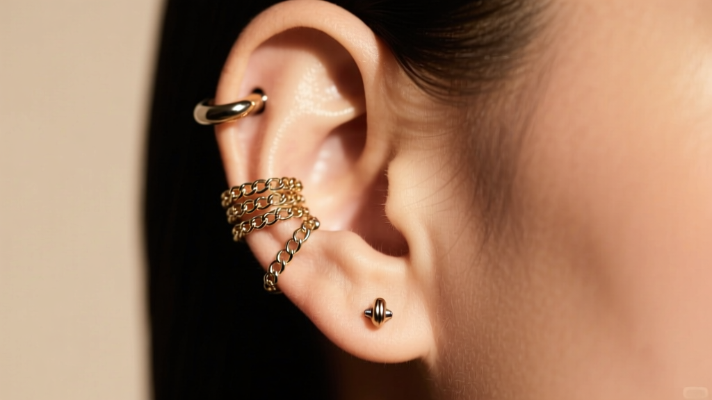 Curated ear showing an 18-gauge titanium helix hoop, 16-gauge conch stud, and stacked 20-gauge lobe chains under warm studio light