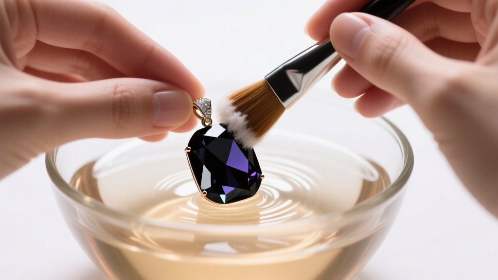Hands gently scrubbing a black spinel pendant with a soft brush in a glass bowl of warm soapy water under bright lighting.