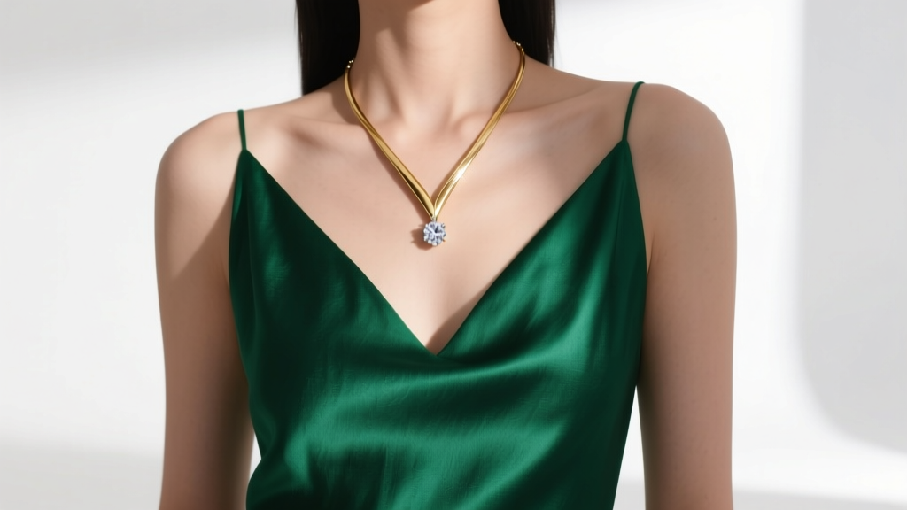 Woman wearing an 18-inch gold Y-necklace with a diamond pendant over an emerald green silk V-neck dress, soft studio lighting.