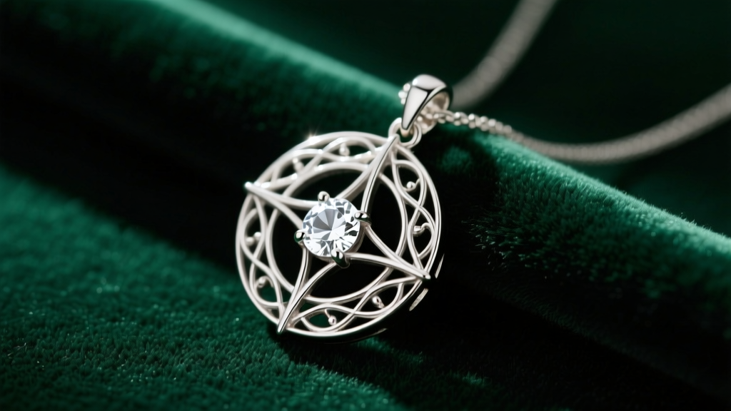 Close-up of a sterling silver Evenstar pendant on dark green velvet, highlighting intricate filigree and a central white gemstone.