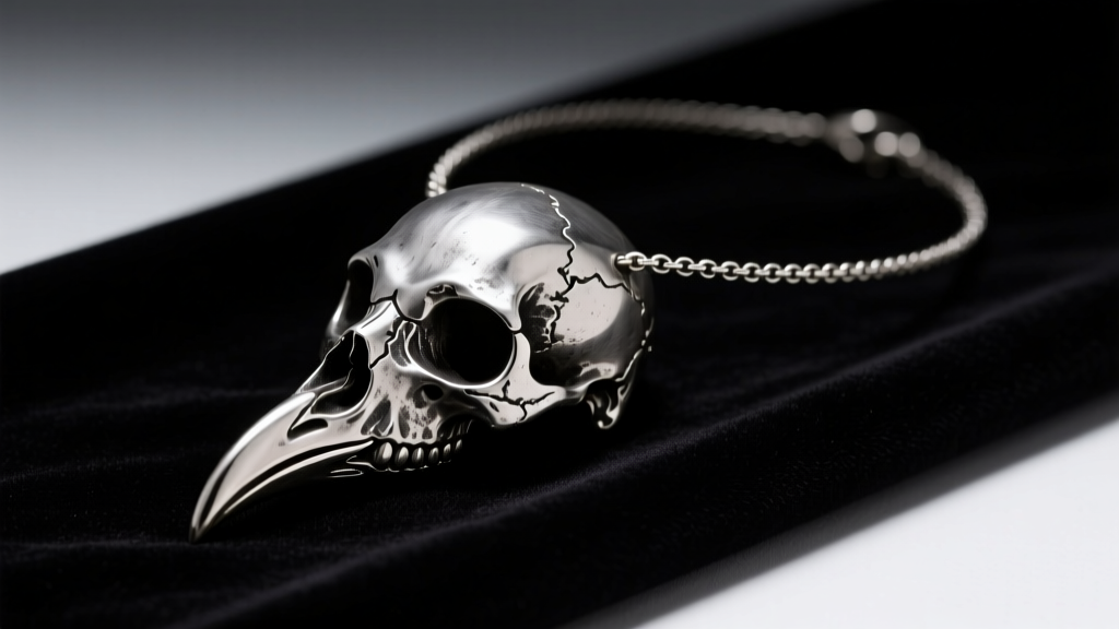 Oxidized silver crow skull necklace on dark velvet, showing detailed beak and eye sockets under moody studio lighting.