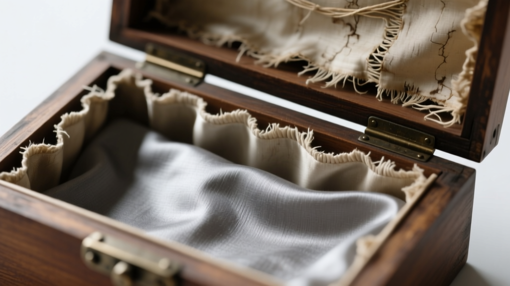 Macro shot of a vintage box interior showing frayed silk lining next to new gray anti-tarnish archival cloth in soft lighting.