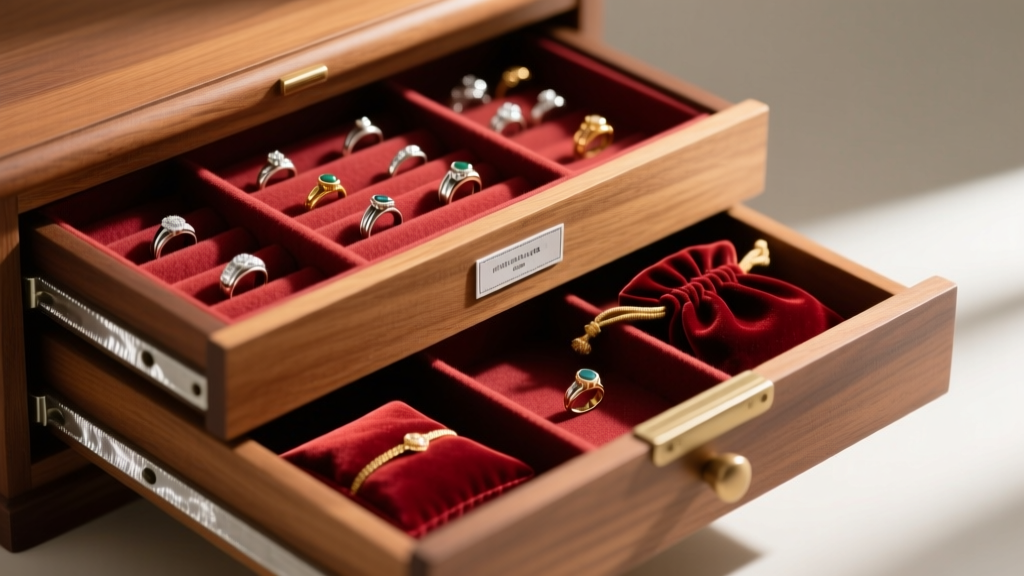 Organized wooden jewelry drawer featuring anti-tarnish strips, velvet pouches, and rings separated by soft felt dividers.