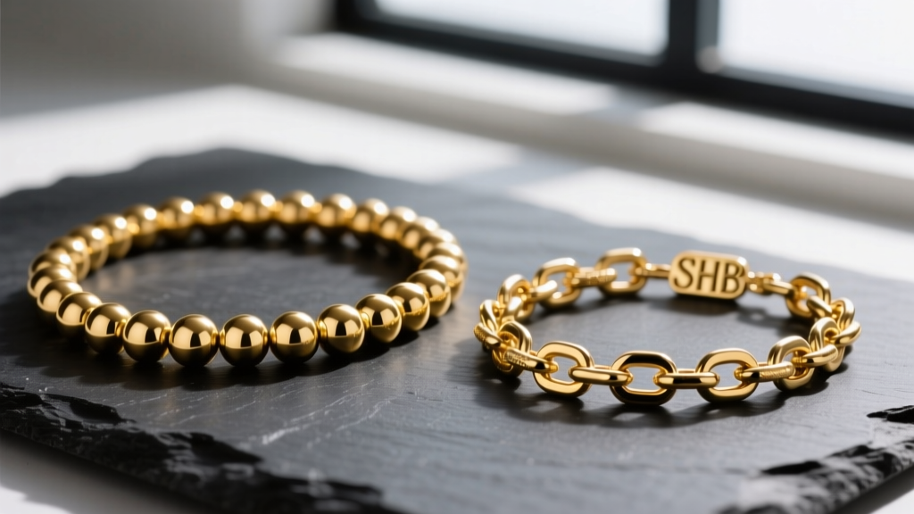 Solid gold bead chain and an SHB chain on dark slate, showing visual differences in luster, scale, and link construction details