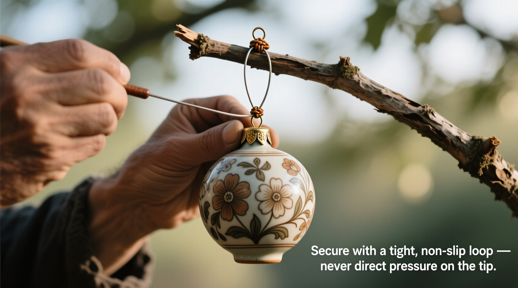 how to hang heavy ceramic ornaments on thin branch tips without snapping them