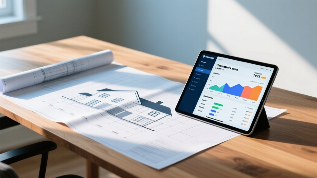 Blueprints on a wooden desk beside a tablet showing Connecticut construction loan rates and detailed home building cost breakdowns
