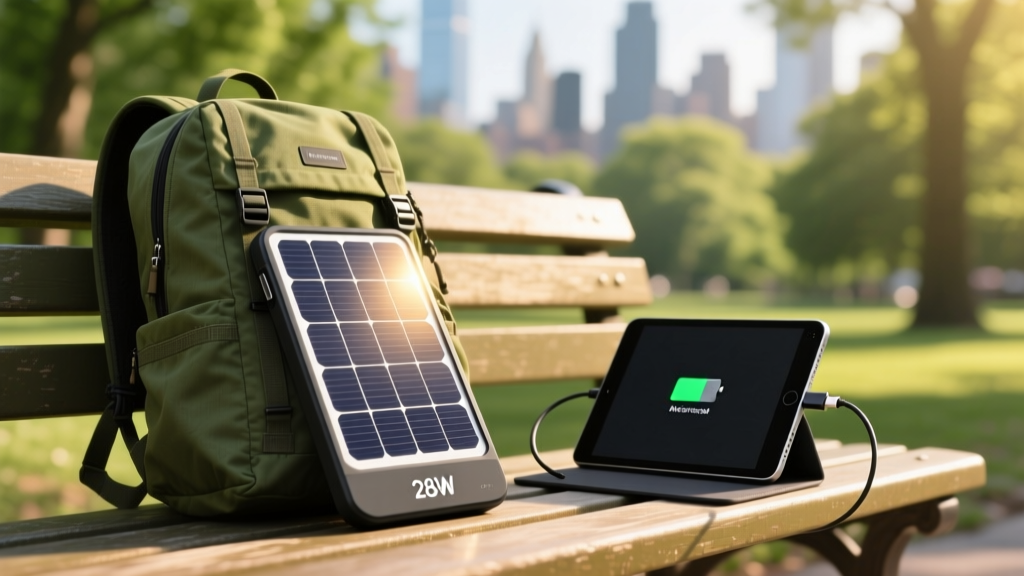 Foldable 28W monocrystalline solar charger propped against a hiking backpack on a sunny park bench, charging a rugged tablet via USB-C