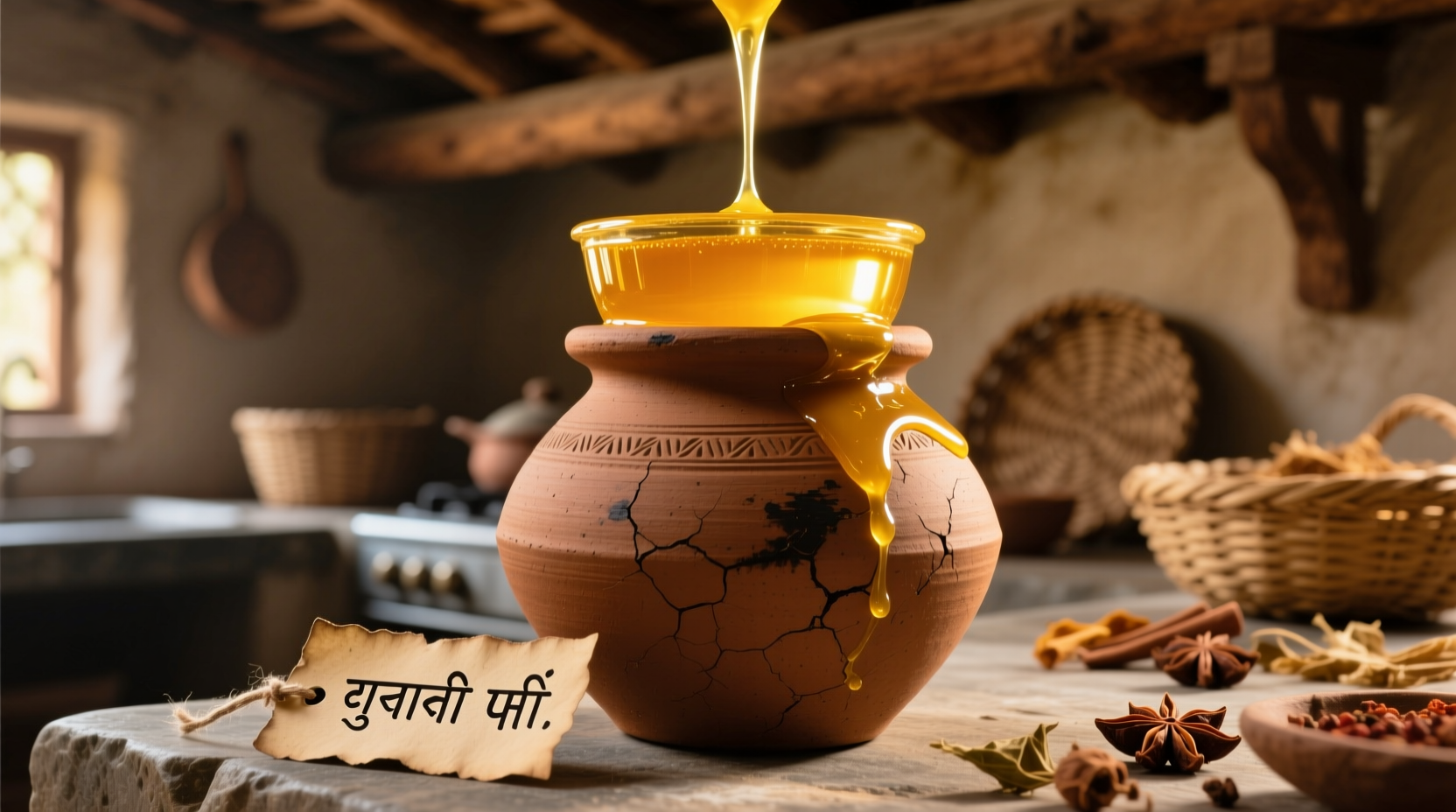 Golden ghee in traditional clay pot