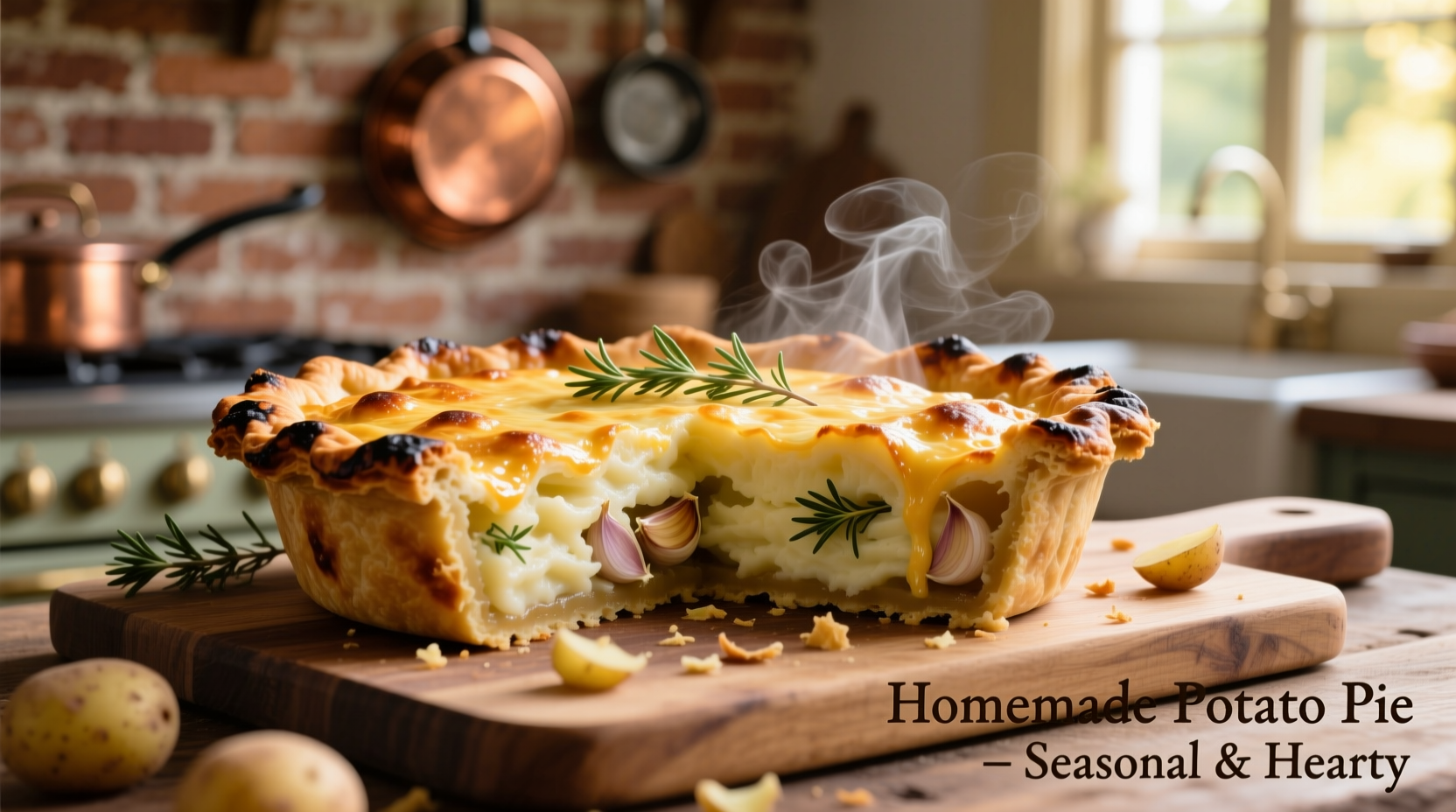 Golden brown potato pie with cheese crust