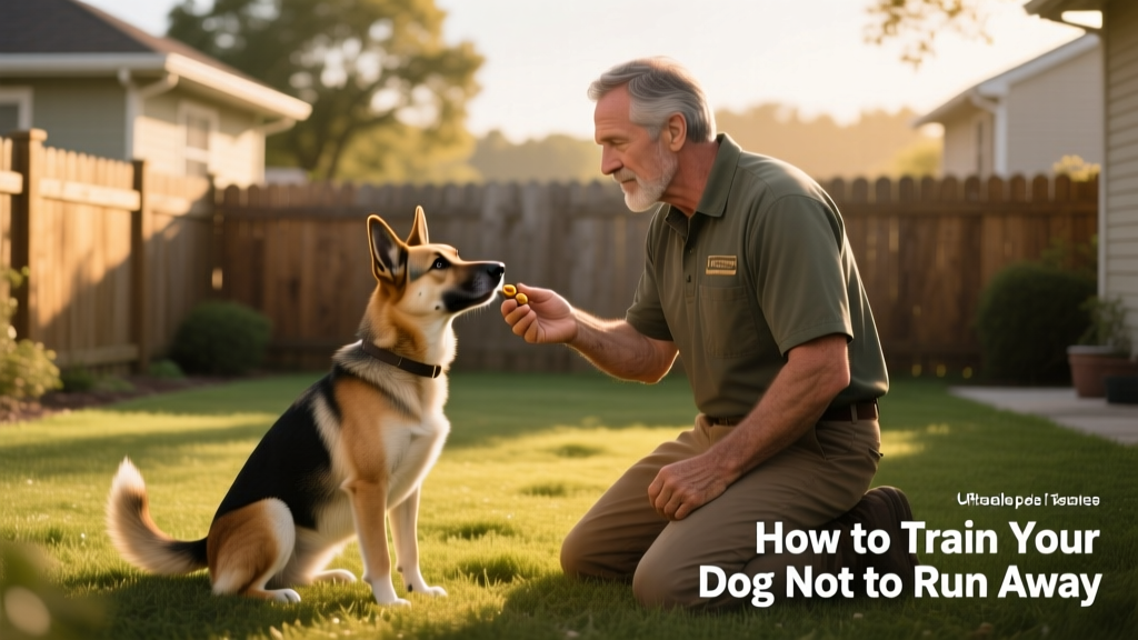 A trainer kneeling beside a medium-sized dog, offering a treat as the dog looks up attentively during a 'come' exercise in a fenced yard