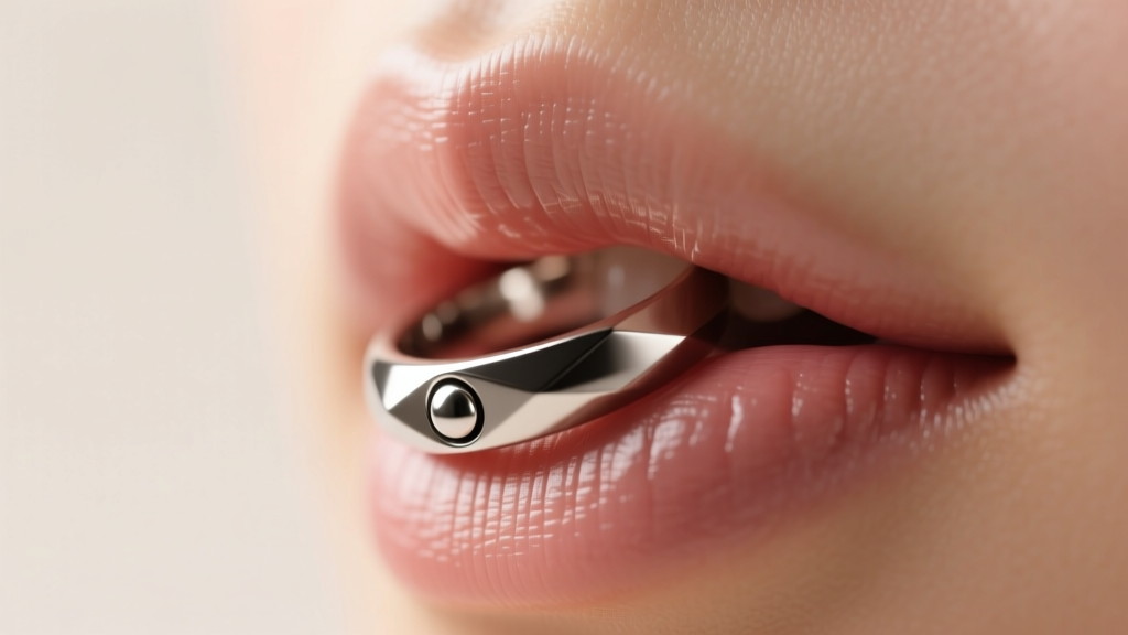 Macro shot of 16g titanium captive bead ring resting on upper labial frenulum, illuminated by soft warm studio lighting setup