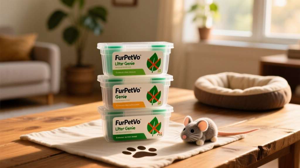 Stack of FurPetVo refill cartridges labeled 'Litter Genie' and 'Litter Genie Plus' with clear packaging and scent-control icons