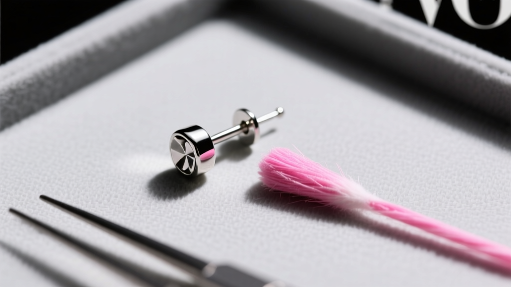Top-down view of a jewelry testing kit with a pink swab showing a positive nickel reaction on a silver-toned costume earring post.