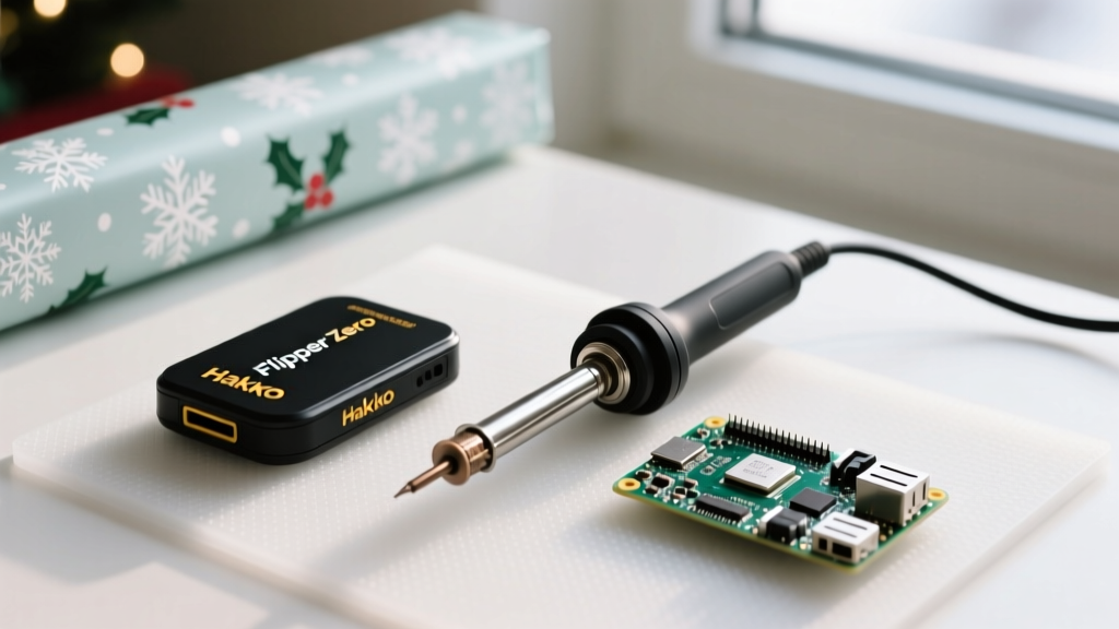 Flat lay of a Flipper Zero, Hakko FX-888D soldering iron, and Raspberry Pi 5 on an anti-static mat with holiday wrapping paper in the background