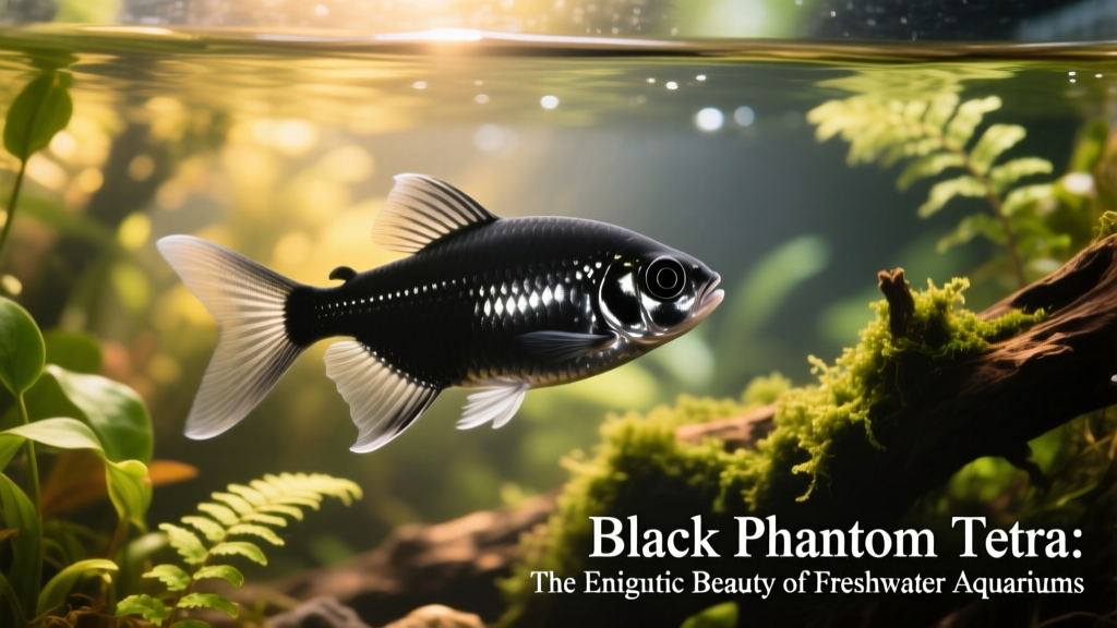 Black phantom tetra swimming in a planted freshwater aquarium, highlighting its silvery body and bold black eye-spot marking