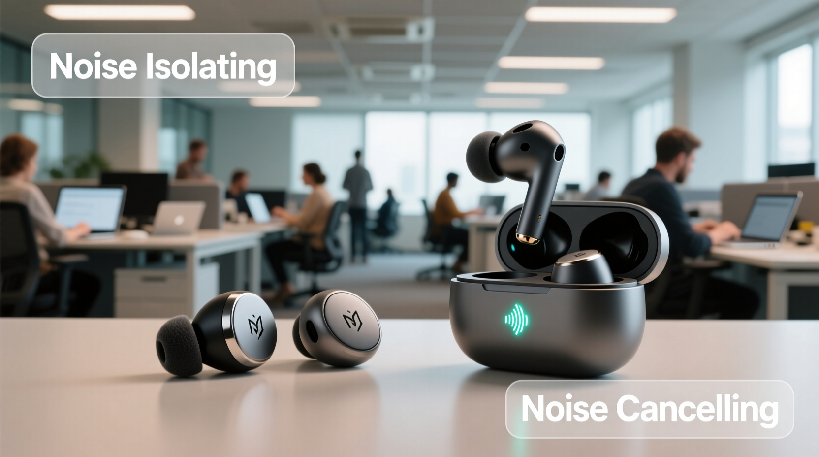 noise isolating vs noise cancelling earbuds for open office environments