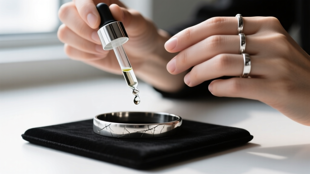 Hands using a dropper to apply acid testing solution onto a scratched silver bracelet resting on a black jeweler's testing stone.