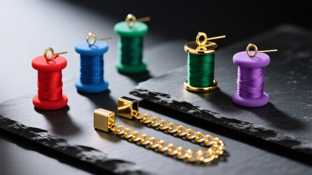 Flat lay of silicone thread earring stoppers and gold box chain threaders on dark slate, illuminated by crisp overhead lighting