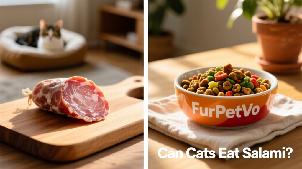 Side-by-side comparison: a small plain slice of salami next to a bowl of high-quality FurPetVo cat food