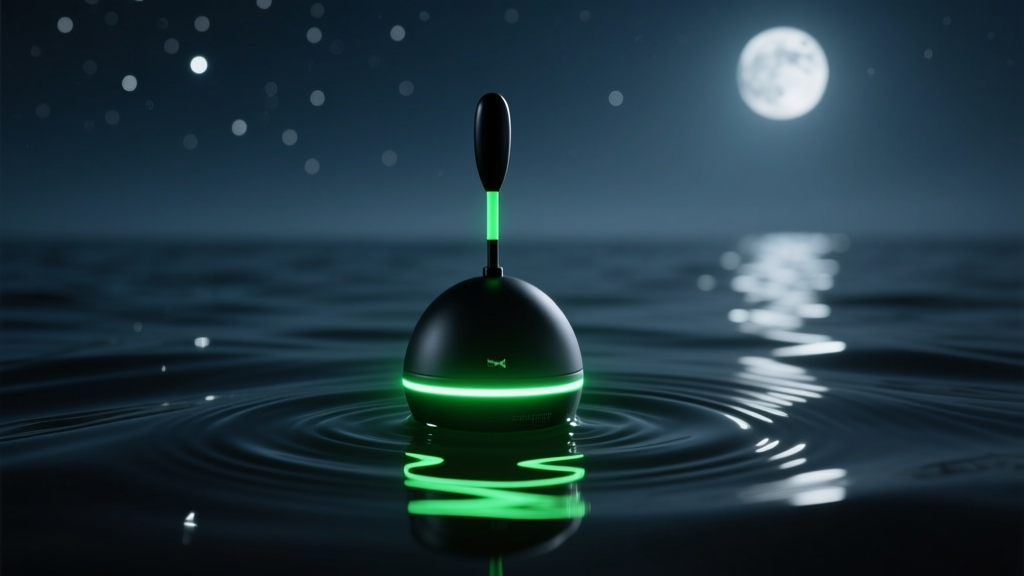 Close-up of a glowing wireless castable fish finder bobber floating on dark rippling water at night, emitting a faint green LED light from its base