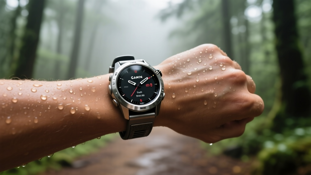 Close-up of a runner wrist wearing a Garmin Fenix 8 with a titanium QuickFit band, sweat droplets visible against a blurred forest trail