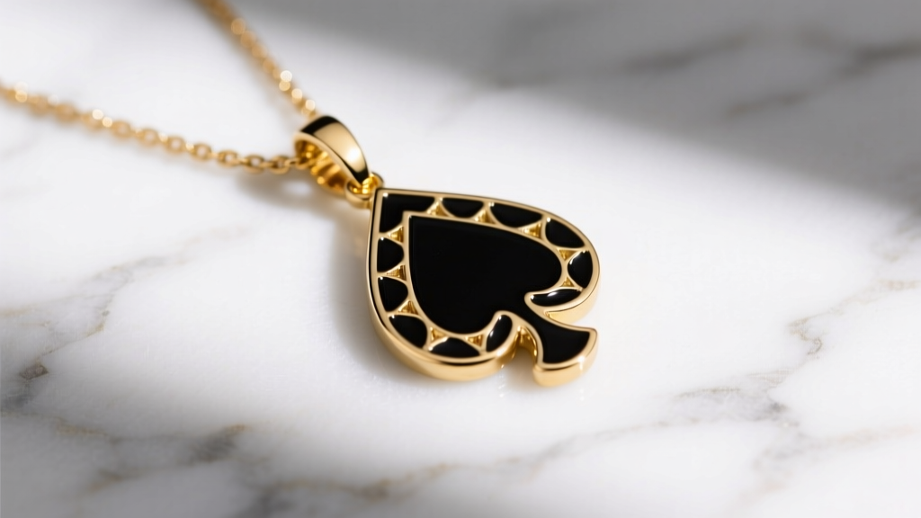 Close-up of a gold-tone Kate Spade spade pendant with black enamel resting on white marble under bright studio lighting