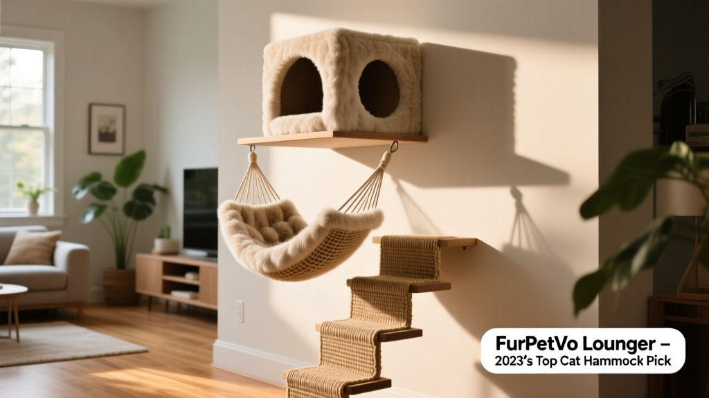 Close-up of the FurPetVo Lounger mounted on a living room wall, showing sisal-wrapped steps leading to a faux-fur hammock and condo