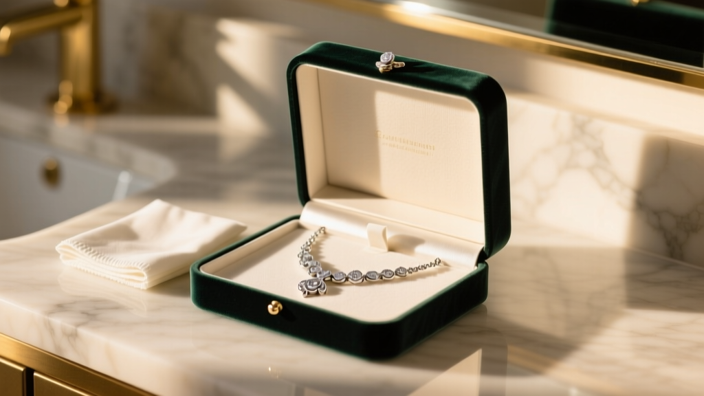 Open velvet gift box on marble vanity revealing a silver-plated necklace and microfiber cleaning cloth in soft morning light