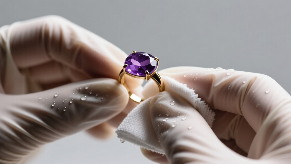Hands wearing nitrile gloves gently wiping a budget amethyst ring with a damp microfiber cloth, avoiding the brass setting base.
