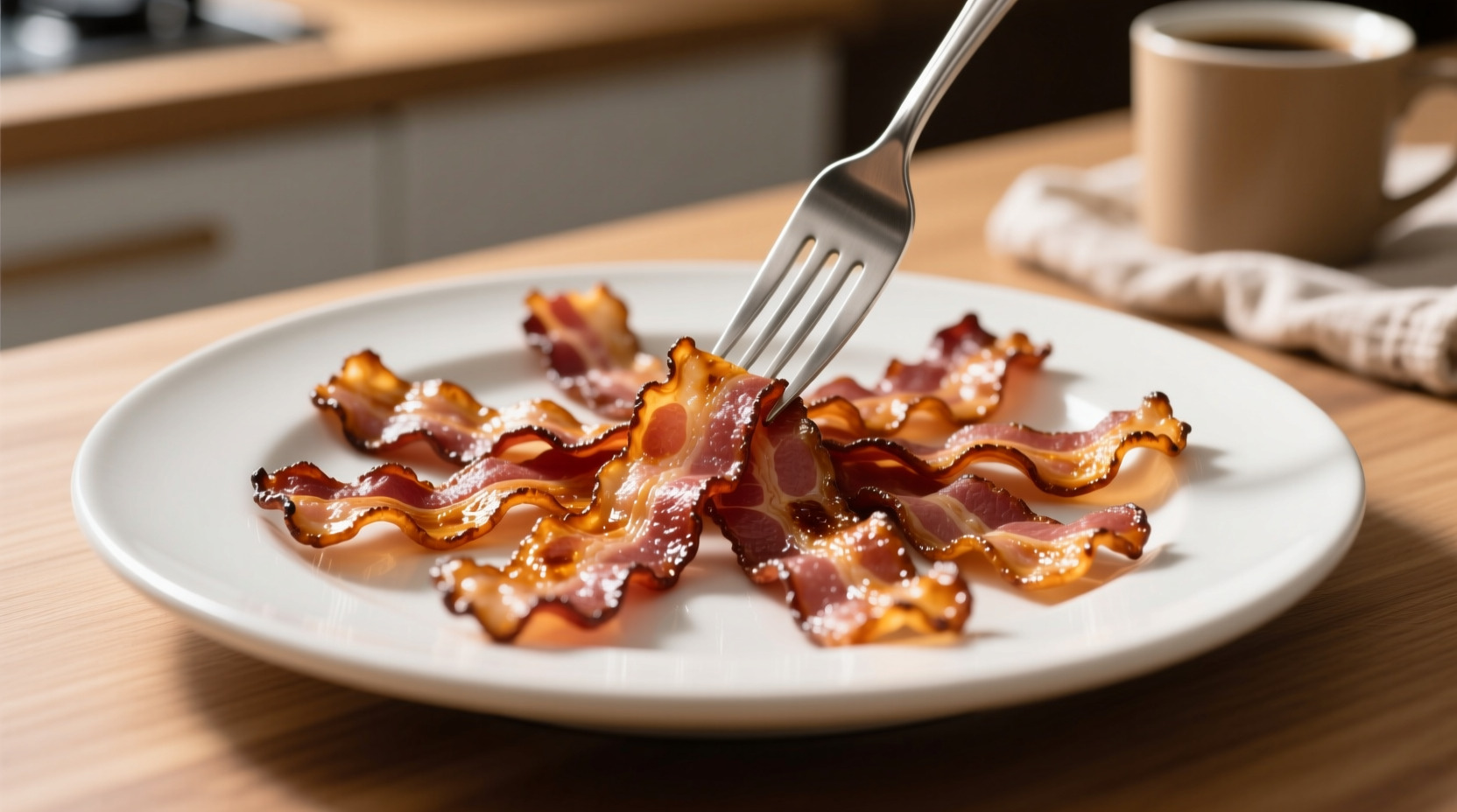 Golden brown bacon strips on white plate with fork
