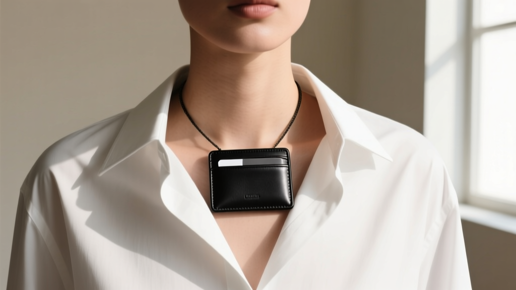 Sleek black leather card holder necklace on a crisp white shirt, shot in a high-fashion editorial with soft lighting.