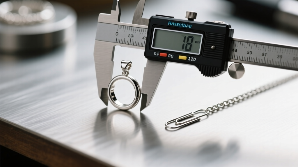 Jewelry workbench showing digital calipers measuring a silver pendant bail inner diameter next to a 4mm wide paperclip chain link.