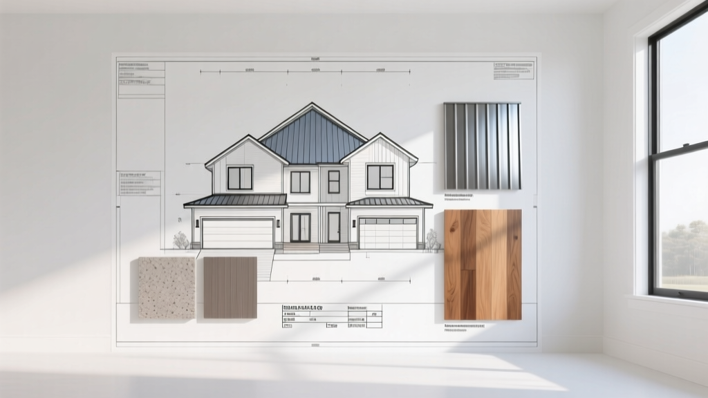 Blueprint of a 1500 sq ft home overlaid with fiber cement siding, metal roofing, and engineered hardwood flooring samples.
