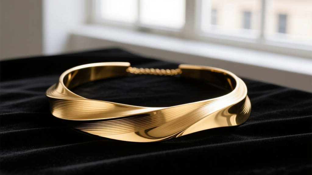 Macro photography of a sculptural recycled brass necklace with thick PVD gold plating, highlighting the brushed metal texture.
