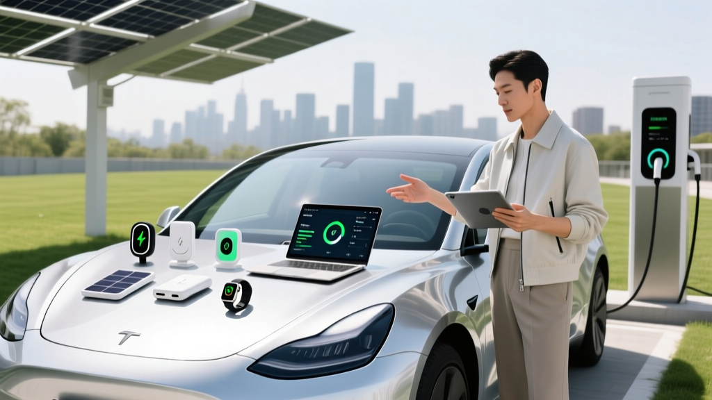 Silver EV at a solar charging station while a mobile pro organizes eco-friendly tech gadgets and a laptop on the hood.