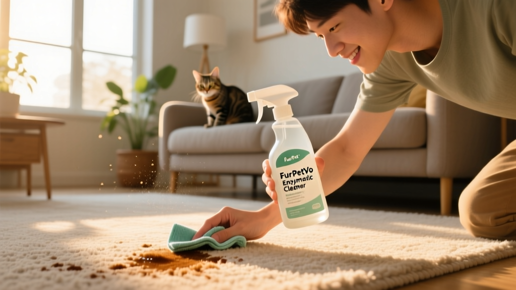 A person gently cleaning a carpet spot with a bottle labeled 'FurPetVo Enzymatic Cleaner'