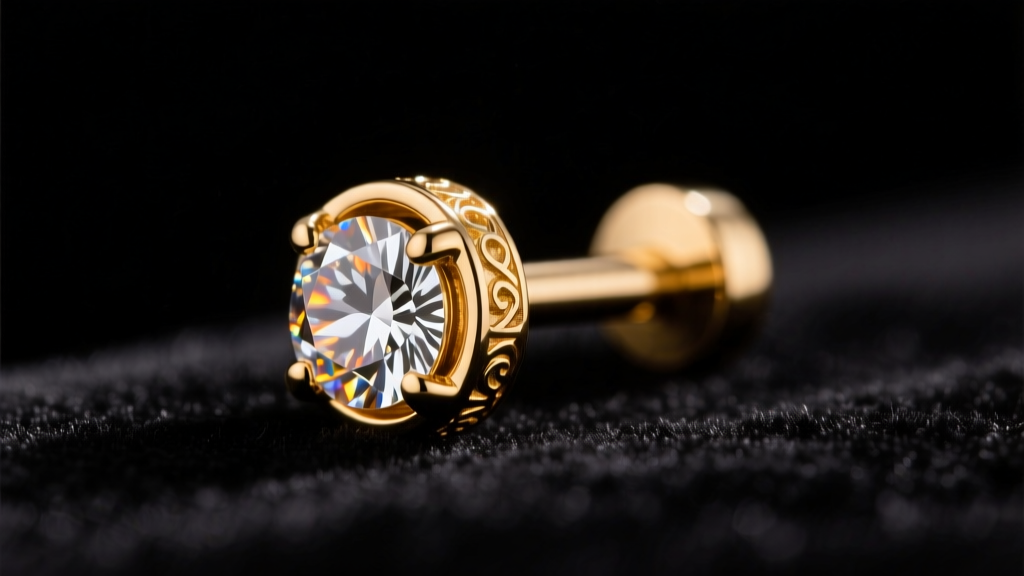 Macro shot of an 18k gold threadless labret stud with a bezel-set diamond resting on dark velvet under warm studio lighting