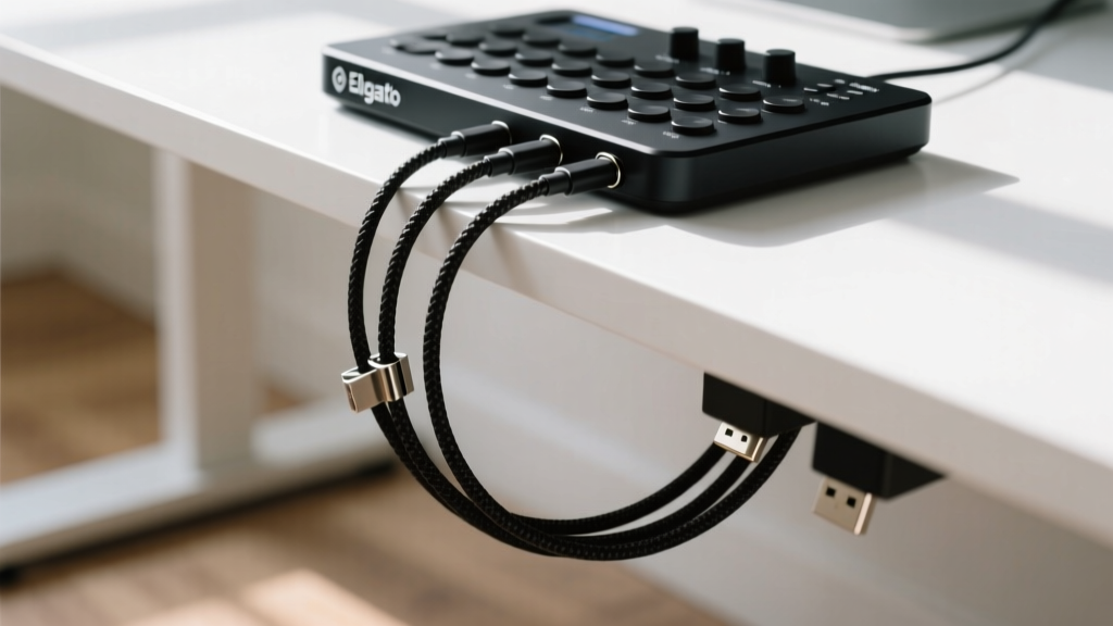 Under-desk view showing Elgato Stream Deck Pedal mounted to the edge of a white desk with neatly routed braided USB-C cables