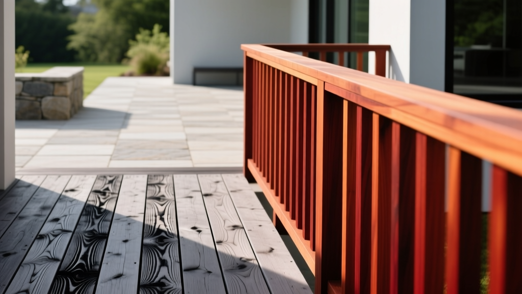 Close-up of weathered ipe hardwood decking boards contrasting with newly stained western red cedar railings on a modern outdoor patio
