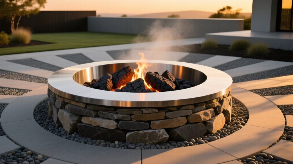 Circular stacked stone veneer fire pit with a heavy steel fire ring and lava rocks, surrounded by modern gravel landscaping at dusk