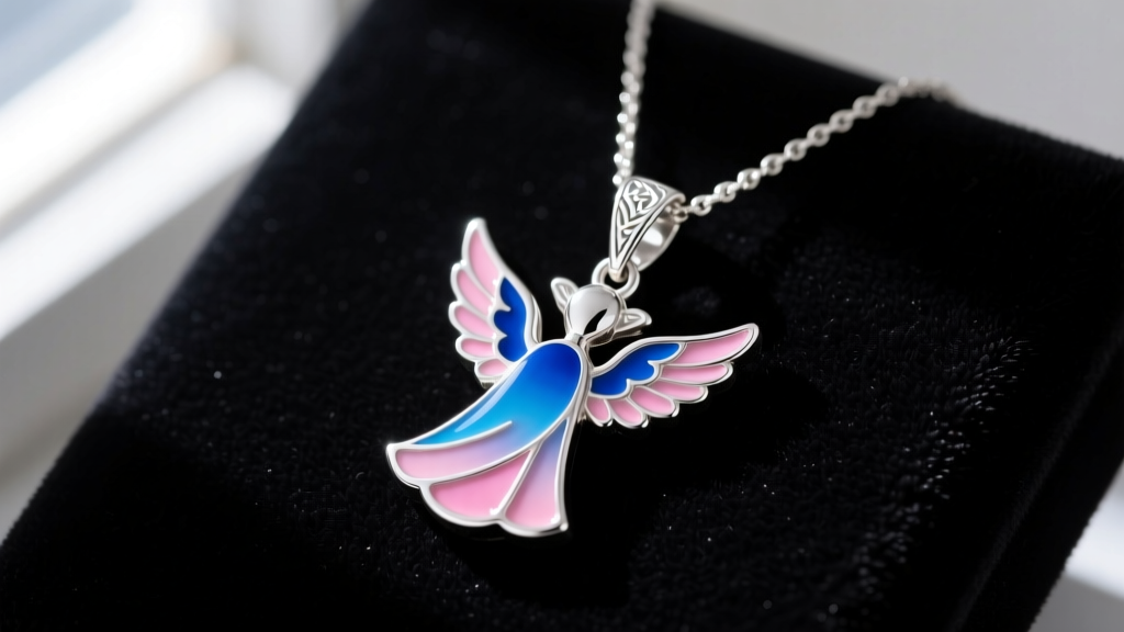 Close-up of a 925 sterling silver Stitch and Angel necklace pendant featuring blue and pink enamel details resting on dark velvet