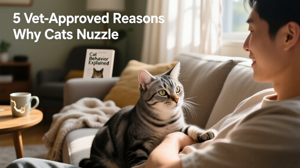 Cat sitting beside its owner on the couch, nuzzling their forearm while making eye contact