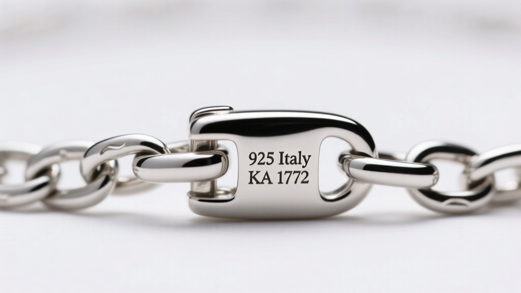 Macro shot of a sterling silver chain clasp showing the engraved 925 Italy KA 1772 hallmark stamp under soft studio lighting.