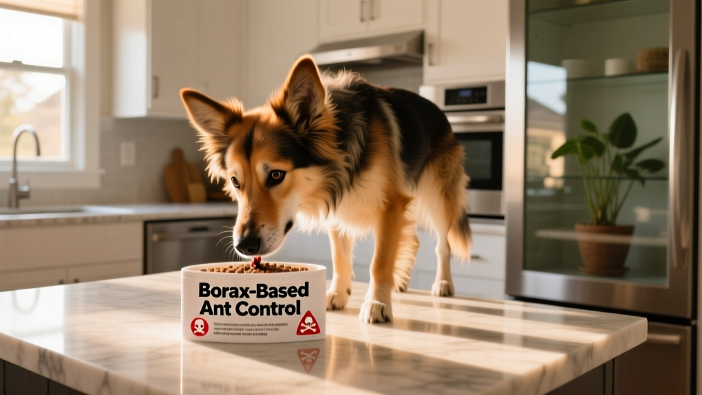A dog cautiously investigating a sealed ant bait station placed on a kitchen counter