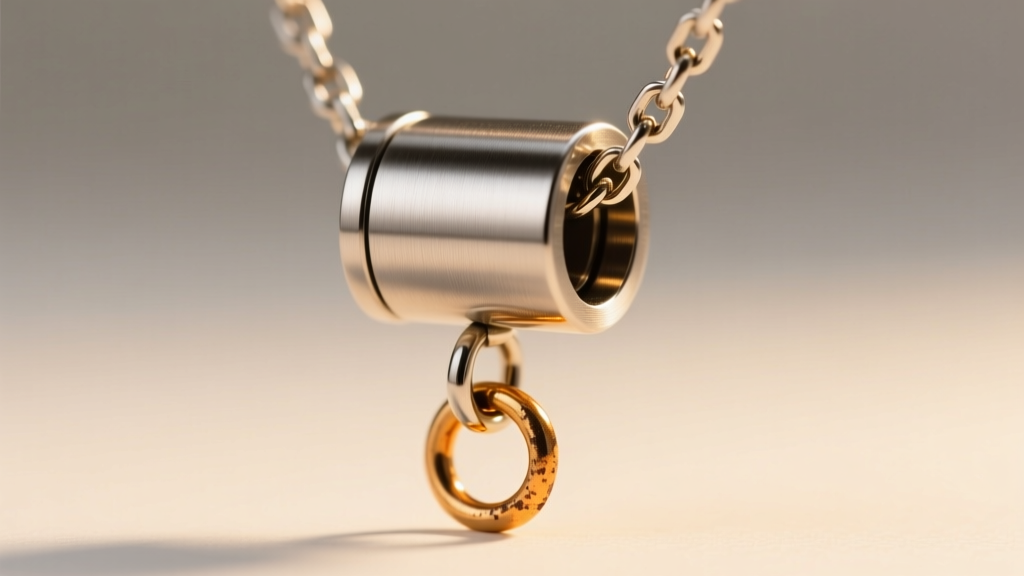 Close-up of a brushed steel barrel magnetic necklace clasp with a tiny figure-eight safety chain under soft, warm studio lighting.