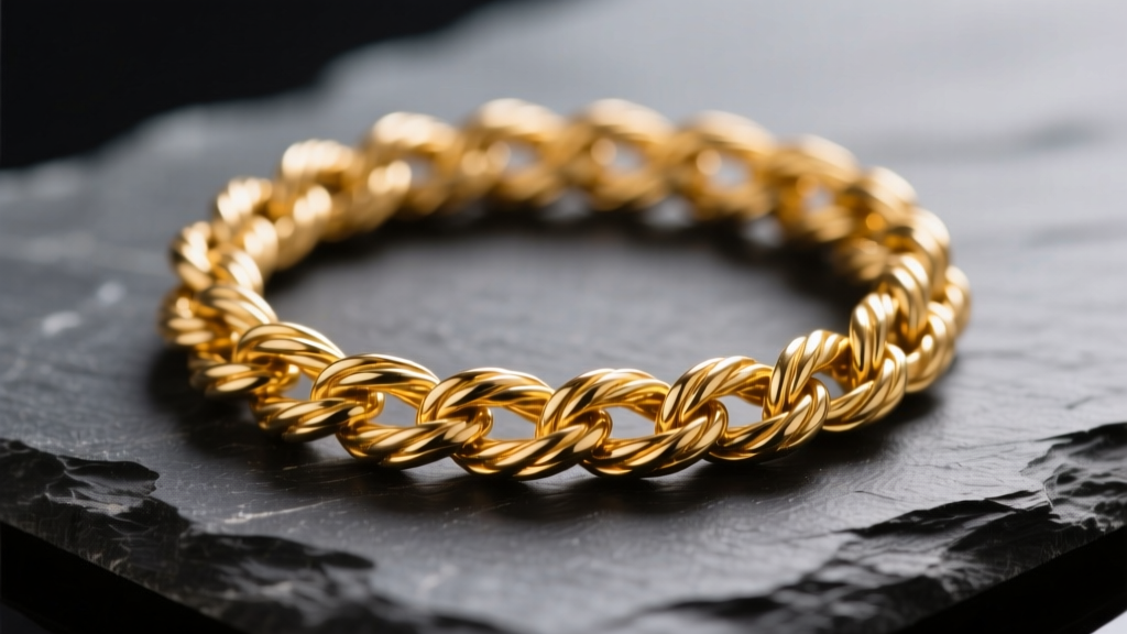 Macro shot of a 14k yellow gold rope chain on dark slate, highlighting twisted links and metallic luster under soft studio lighting
