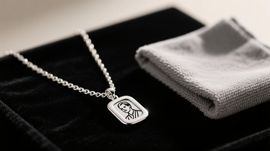 Silver chain on a custom necklace with picture, resting on dark velvet beside a folded gray microfiber cloth in soft warm light