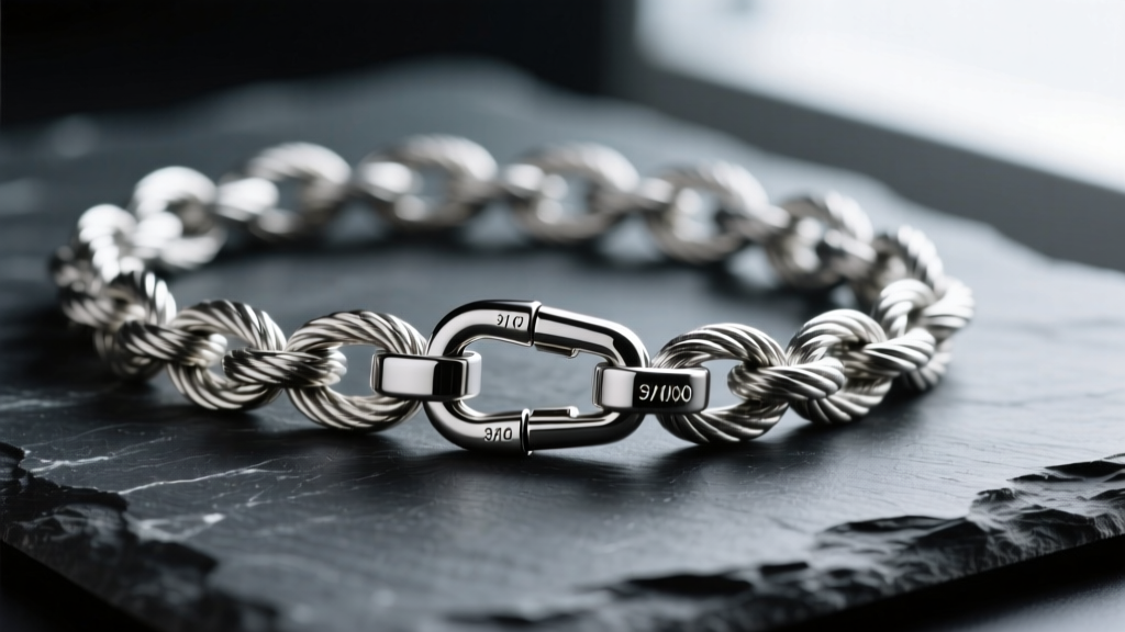 Macro shot of a 4mm 316L surgical steel rope chain on dark slate, highlighting the brushed metal texture and lobster clasp