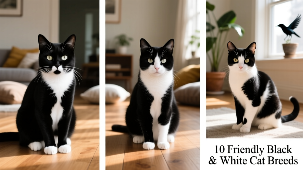 Side-by-side comparison showing tuxedo, mitted, and magpie black-and-white cat patterns